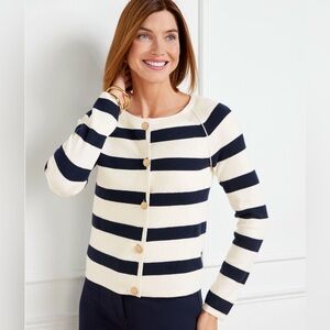 Talbots NWT Navy Striped Sweater Jacket. Large. Gold Buttons.